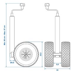 Stützrad Anhänger – Deichselrad für Anhänger 260x85mm, Kunststofffelge mit Luftreifen, bis 300 KG statisch, bis 180 KG dynamisch, für Klemmbügel mit 48mm