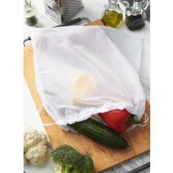 100 x Gemüsebeutel mit Kordelzug wiederverwendbar (ca. 37 x 37 cm) Weiß – waschbar 30 Grad, 100% Polyester. Ideal für Obst, Gemüse, Kräuter & vielseitig nutzbar für Reisen, Spielzeug uvm