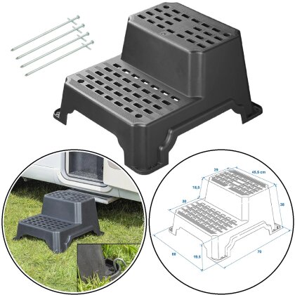 Doppeltrittstufe Wohnwagen mit 4 Heringen – 70x60 Trittstufe für sicheren Ein- und Ausstieg – Wohnmobil Trittstufe 4,2kg