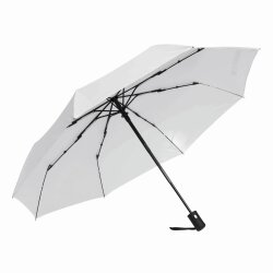 Regenschirm vollautomatisch weiß – Taschenschirm, gummiertem Griff, Metallstock, Fiberglaspeichen, Klettverschluss – Ø97cm