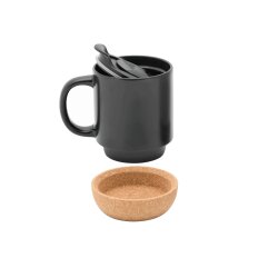 2 x Kaffeetasse schwarz mit Deckel und Korkboden, 350 ml Keramik, Becher für optimalen Genuss – Perfekt für Tassen Set!