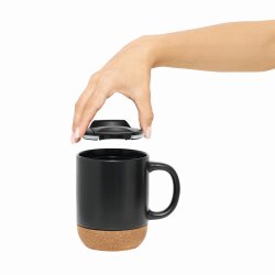 2 x Kaffeetasse schwarz mit Deckel und Korkboden, 350 ml Keramik, Becher für optimalen Genuss – Perfekt für Tassen Set!