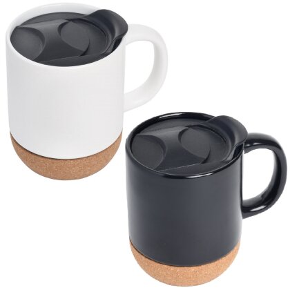 2x Kaffeetasse, abnehmbarem Deckel und Schiebeverschluss – 350ml, Keramik/Kork, Tasse für Büro, Teetasse, Kaffeebecher