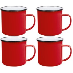 4x Emaille Becher 350ml - Edelstahlbecher silberner Edelstahlkranz - Edelstahl rot - Camping - Weihnachten - Geburtstag