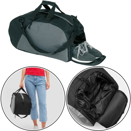 Sporttasche mit Schuhfach ca. 52x27,5x27cm aus 600D Polyester, Umhängetasche, Gym Tasche, Reisetasche, 35L, Schwarz/Grau