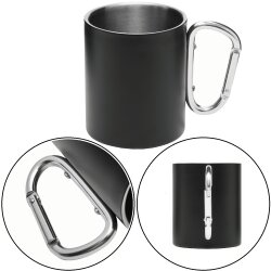 Thermobecher aus Edelstahl für Kaffee to go – Doppelwandiger thermo Trinkbecher in Schwarz/Silber ideal für Camping, Arbeit und unterwegs – Füllmenge 300 ml, leicht, mit Karabinerhaken