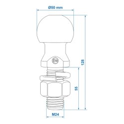 Kugelkopf Anhängerkupplung Ø50 mm Anhängerkugelkopf gerade M24 x 55mm E-geprüft Kugelkopf für Anhänger E13 R55 Max. 2000 kg StVO