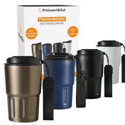 Premium Isolierbecher 8 warm und 12 kühl Stunden 400ml doppelwandig - Komfort-Schraubverschluss integrierter Trinköffnung - Thermobecher mit Handschlaufe aus recyceltem Kunststoff