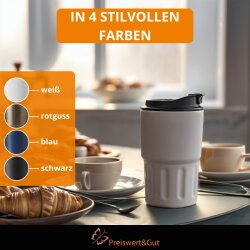 Premium Isolierbecher 8 warm und 12 kühl Stunden 400ml doppelwandig - Komfort-Schraubverschluss integrierter Trinköffnung - Thermobecher mit Handschlaufe aus recyceltem Kunststoff