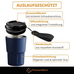 Premium Isolierbecher 8 warm und 12 kühl Stunden 400ml doppelwandig - Komfort-Schraubverschluss integrierter Trinköffnung - Thermobecher mit Handschlaufe aus recyceltem Kunststoff