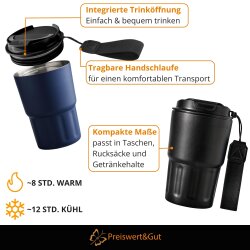 Premium Isolierbecher 8 warm und 12 kühl Stunden 400ml doppelwandig - Komfort-Schraubverschluss integrierter Trinköffnung - Thermobecher mit Handschlaufe aus recyceltem Kunststoff