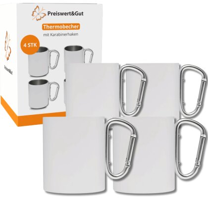 4 x Thermobecher Edelstahl für Kaffee to go, für zb. Camping, Edelstahl Becher 300 ml, Ø7,5 x 9 cm, doppelwandig mit Karabinerhaken